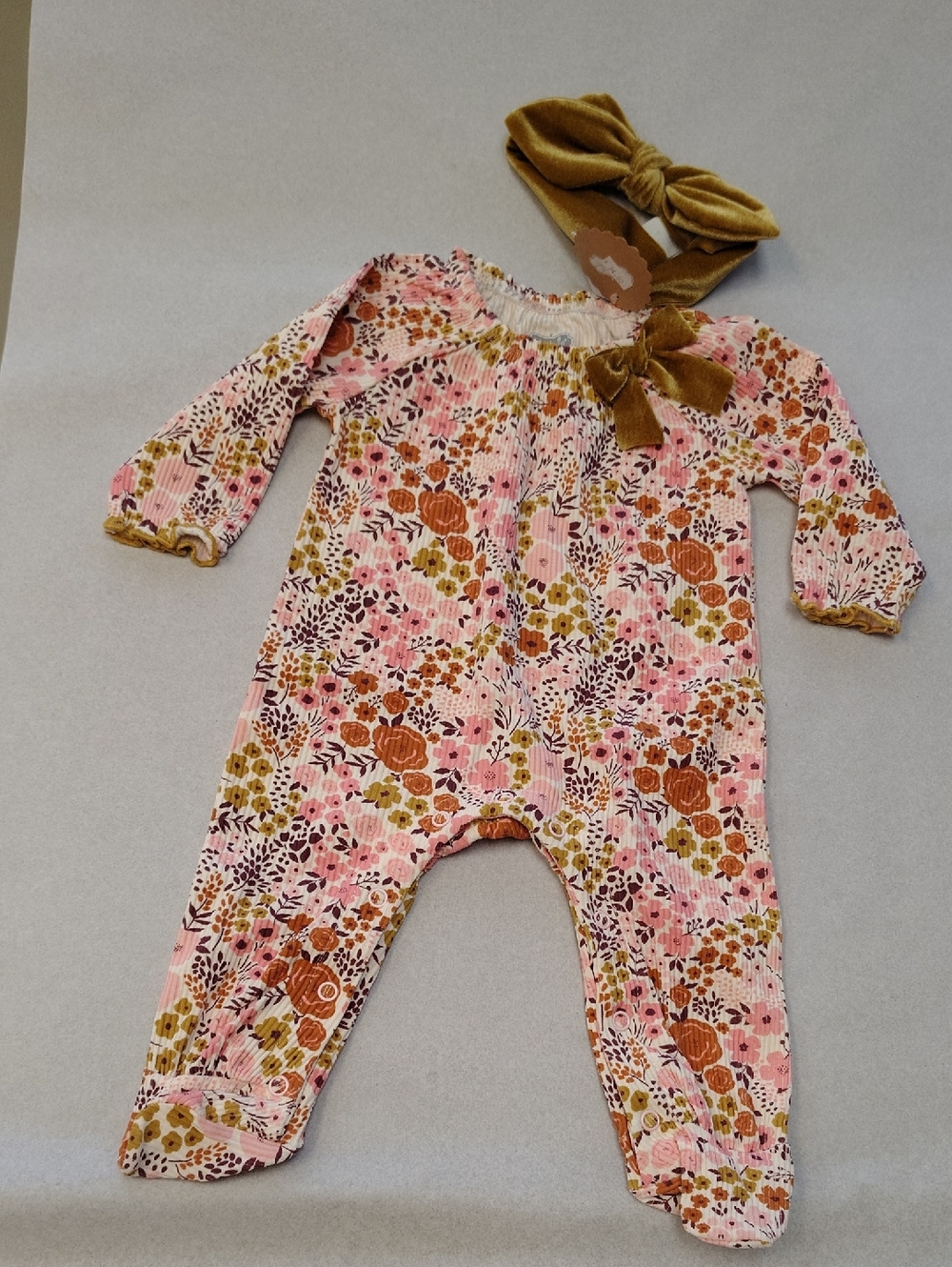 Mud Pie Pink Floral Velvet Bow Footed One-Piece